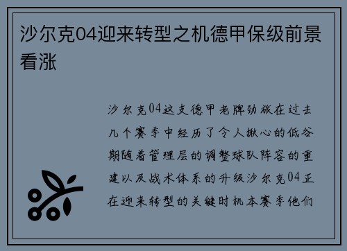 沙尔克04迎来转型之机德甲保级前景看涨